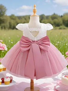 Toddler Girl's Solid Color Bow Decor Satin Sweater Dress, Elegant Fashion Casual Cake Dress for Party Holiday Wedding Guest, Kids Clothing for All Seasons, Ribbon Dress, Lovely Bow Dress