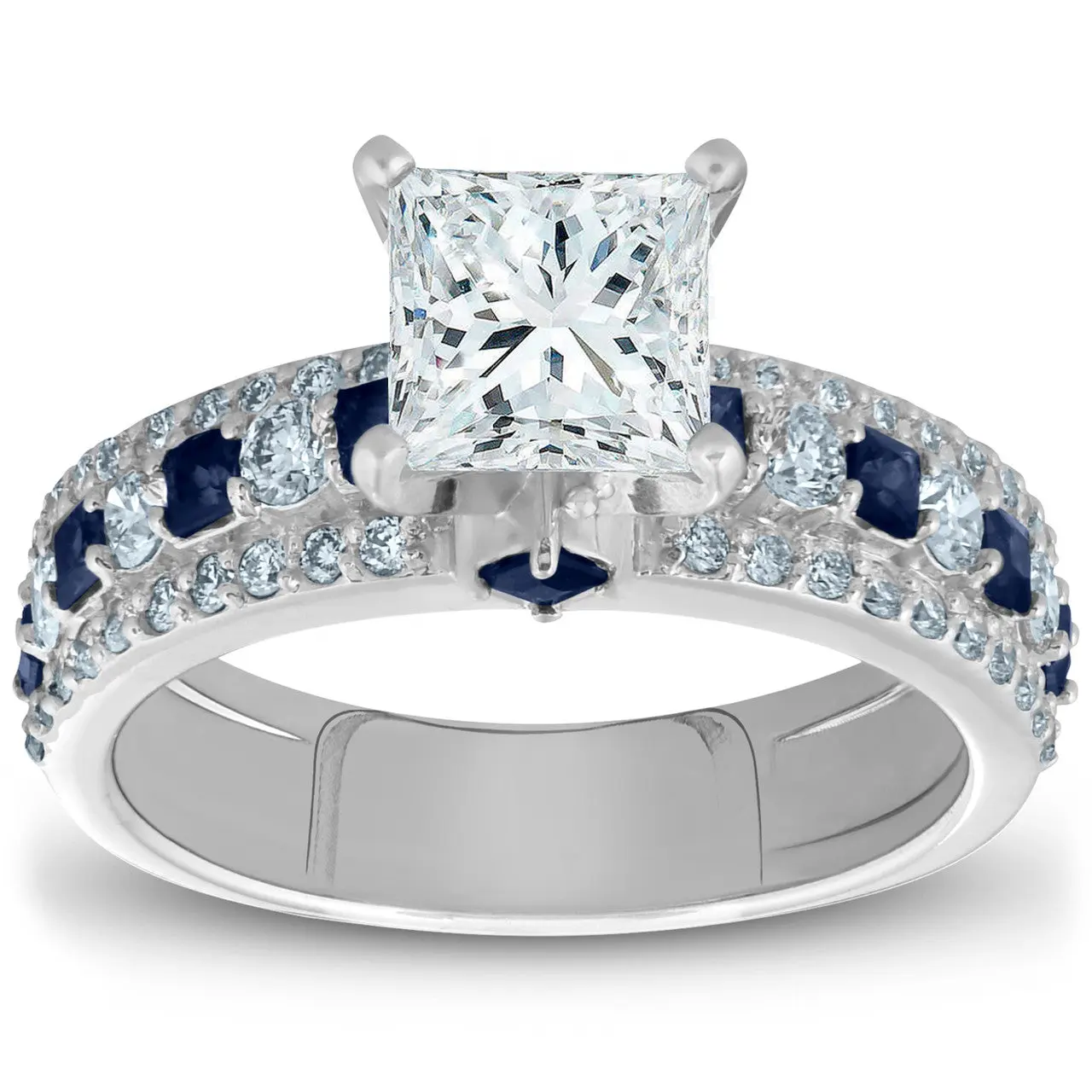 2 1/2ct Princess Cut & Blue Sapphire Diamond Engagement Ring 14k White Gold