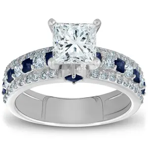 2 1/2ct Princess Cut & Blue Sapphire Diamond Engagement Ring 14k White Gold