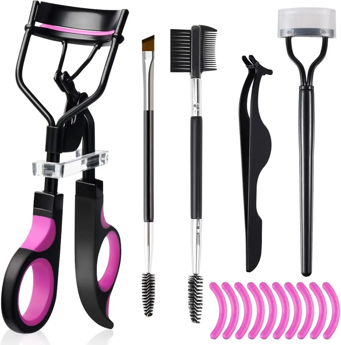 New Eyelash Curlers Eyebrow Brush Kit for Women w Lash Curler, Eyelash Comb Seperator, Mascara Brushes, Eyelash Extension Tweezers, Angled Eyebrow Brush and Comb, 10 Silicone Refills Pads for Lash & Brow, Gift