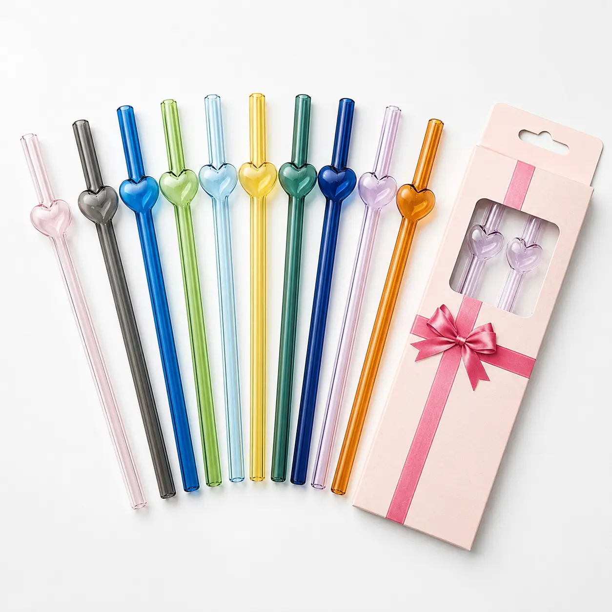 Heart Shape Glass Straws Multicolor Reusable Clear Glass Drinking Straw with Gift Box Cute Aesthetic Valentine Birthday Party Gift For Girlfriend Sister Wedding Favors Eco Friendly Shatter Resistant Smoothie Juice Coffee Straw cup