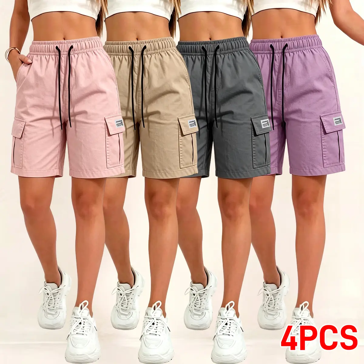 4-Pack Women’s Lightweight Quick-Dry Cargo Shorts — Loose Fit, Multi Pockets, Mid-Length; suitable for spring, summer, and autumn; ideal for outdoor casual wear; practical pockets make them great for everyday use.