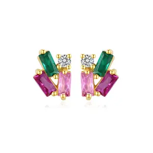 EAMTI 925 Sterling Silver Small Asymmetrical Cubic Zirconia Earrings Multicolour Dainty Jewelry Gifts for Women Mother's Day/Birthday/Anniversary Day/Valentine’s Day