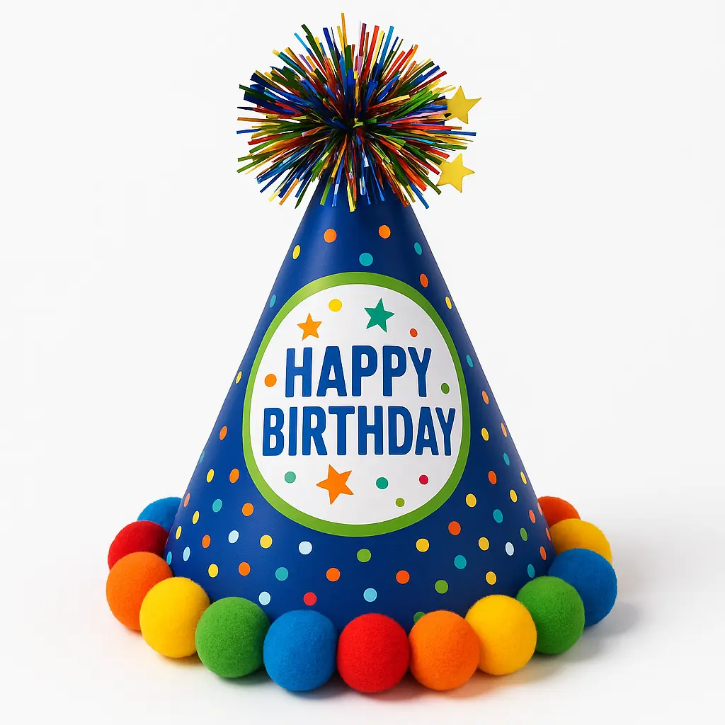 Colorful Confetti Birthday Cone Hat with Pom-Poms