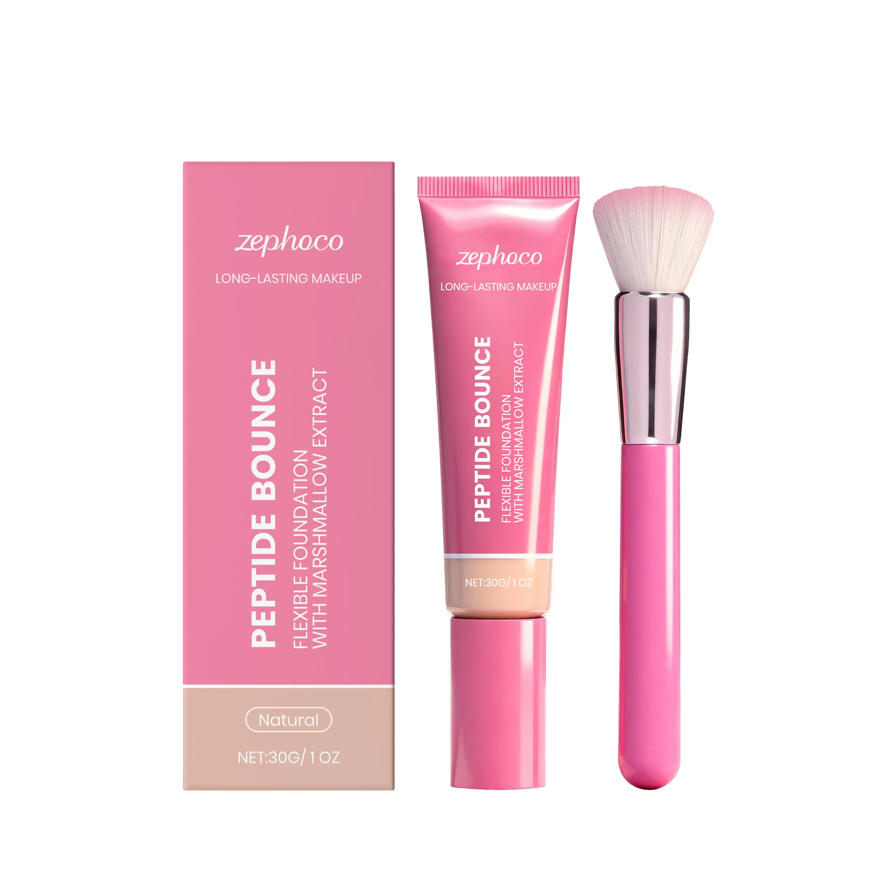 Zephoco Peptide Bounce Flexible Foundation - Lightweight Long-Lasting Matte Finish with Built-in Foundation Brush, Full Coverage & Skin-Nourishing Formula (30g)