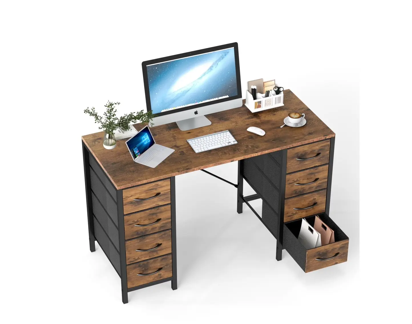 47 Inch Computer Desk with 8 Fabric Drawer, Home Office Desk with Power Outlets, Large Storage,Rust
