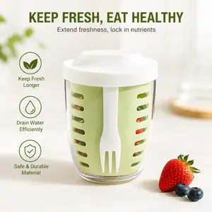 1 Count, sealed food storage cup with double layer draining basket and attached fork, for holding fresh fruit, salad and portable breakfast for daily home and office use