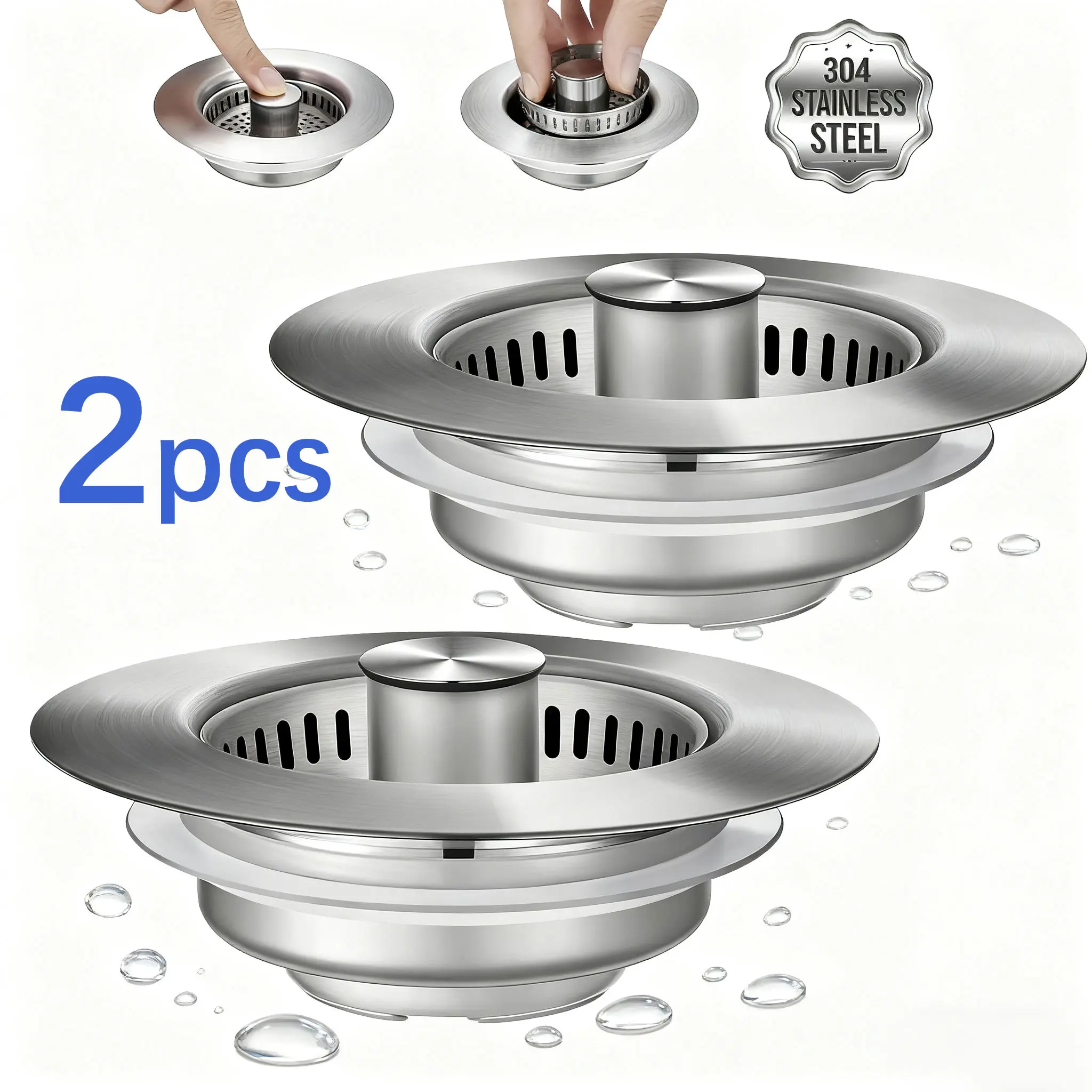 Heavy-Duty All-Metal Kitchen Sink Drain Strainer, Universal Fit Stainless Steel Filter & Stopper with Push Button Bounce Mechanism,drain hole, removable stainless steel filter basket, sink drain filter, Installation Smooth
