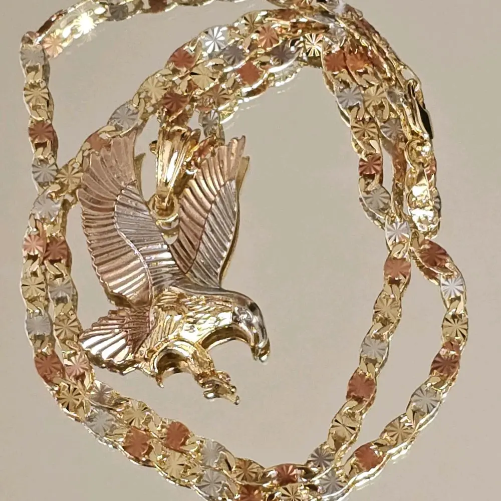 N6-Tricolor Eagle Necklace 1.3 by 1 Inch with 4mm 24-Inch Diamond Cut Diamonds, Made of Copper & Plated with 14-Karat Gold
