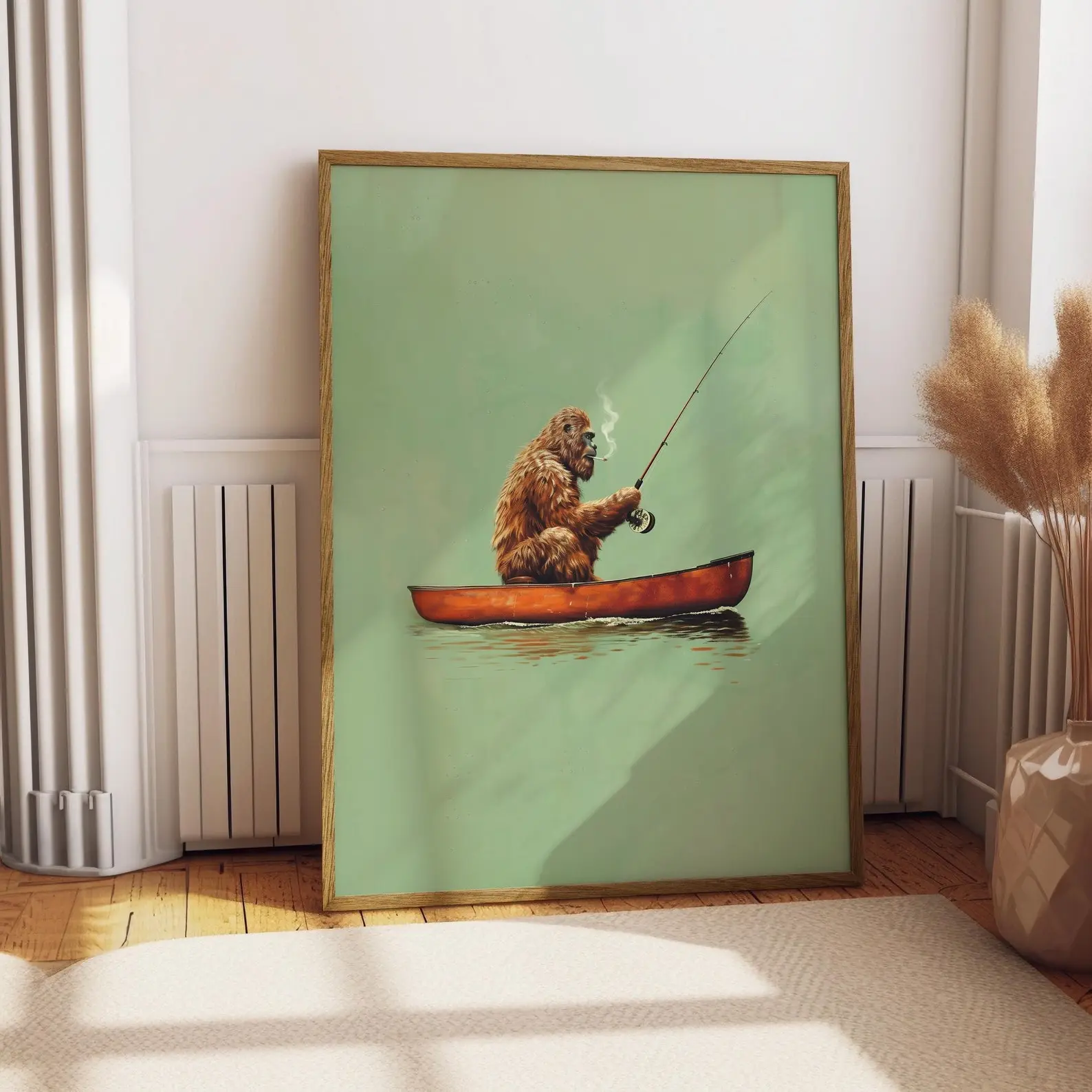 Bigfoot Fishing in Canoe Vintage Poster Unframed - Funny Bigfoot Wall Decor - Vintage Animal Wall Art Print
