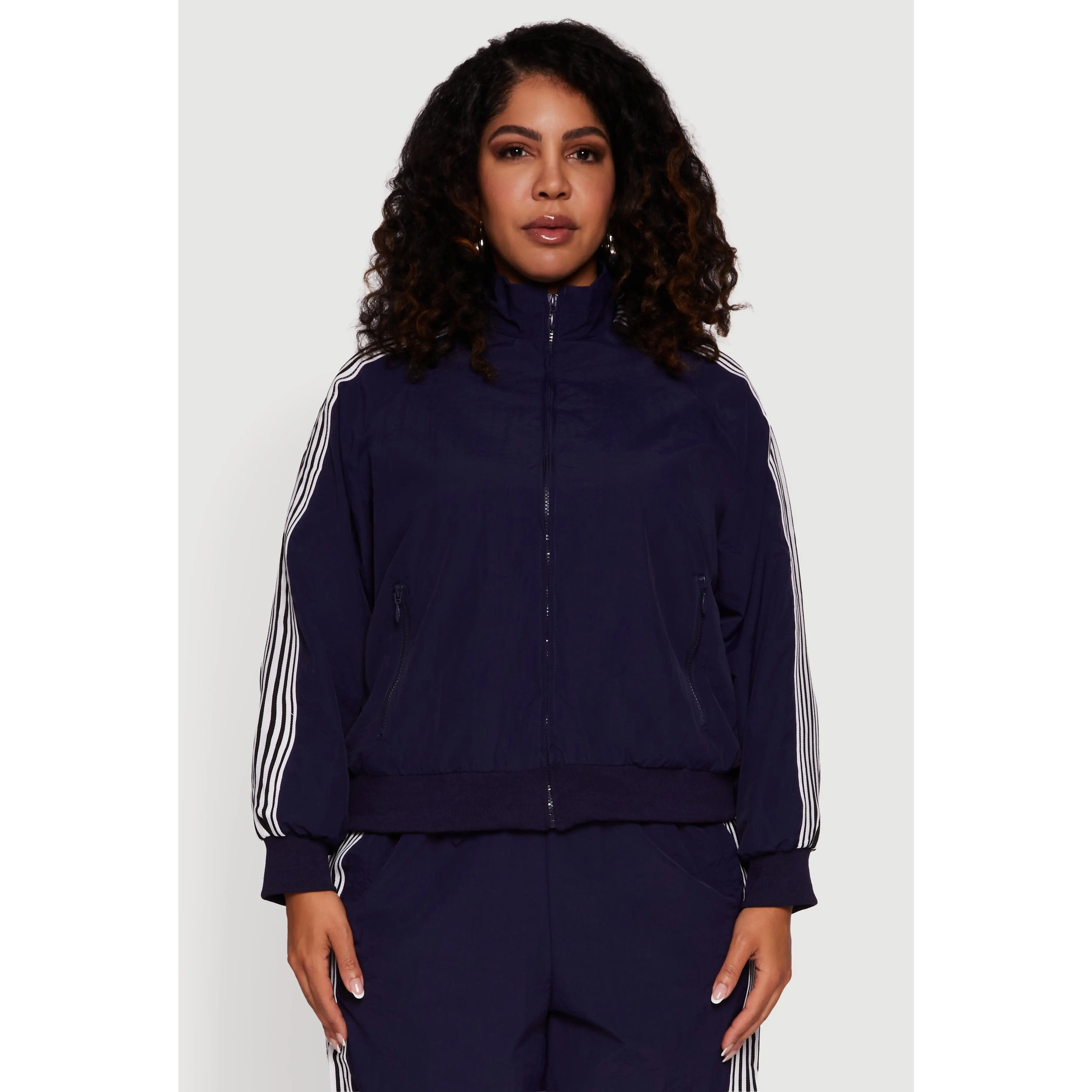 Plus Size Side Striped Nylon Mock Neck Jacket