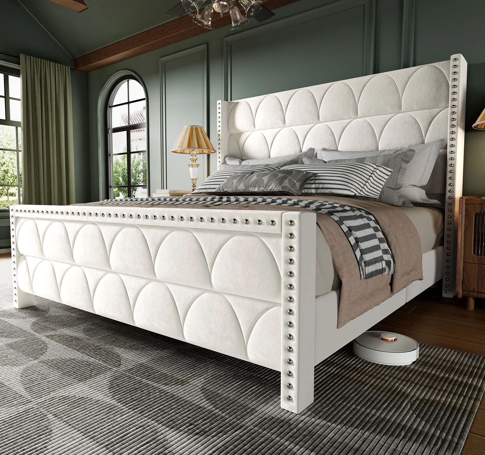 Queen Sized Wingback Bed Frame - Modern Bedroom Furniture, Sturdy Steel-Wood Build, Silent Sleep Design, 56" Headboard, Quick Assembly, Fits All Mattress Styles, Durable Sleek Bed Frames