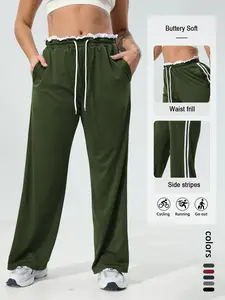 Women's Striped Patchwork Lace Waist Wide Leg Pants, Casual Elastic Waist Trousers, All-Season Long Pants with Pockets, Fashionable Comfortable Bottoms