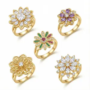 5 Pcs Flower Spinner Rings Set, Adjustable Gold Stackable Fidget Jewelry for Anxiety, Hypoallergenic Open Ring Gift Box