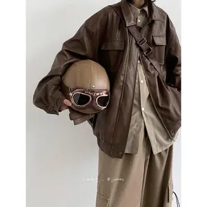 2025 Japanese retro and cool PU leather motorcycle jacket — loose fit, neutral brown women’s leather jacket; coats/tops/outerwear; long sleeves; unisex fashion