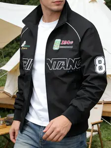 Men’s street-style racing jacket, vintage NASCAR-style embroidered zip-up outerwear with a casual stand collar and windproof design