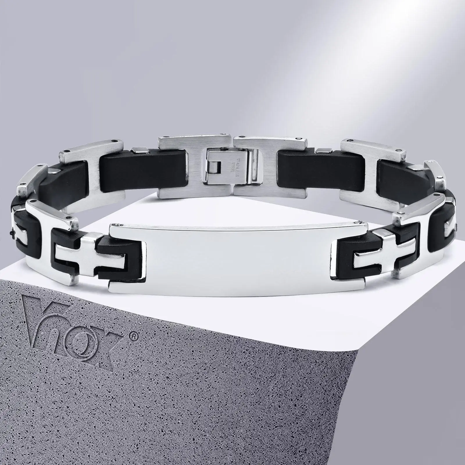Vnox Free Custom Engraving ID Bracelets for Men, 12MM Stainless Steel Bar Tag with Black Silicone Wristband Jewelry