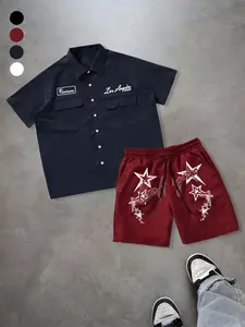 Men's Los Angeles Classic Shirt & Pattern Shorts Set, Street Casual Fashion, Multiple Color Options, Short Sleeve Fitted Style