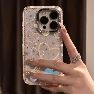 Colorful heart pattern, rhinestone laser decoration, silver rhinestone-encrusted frame, non-slip and drop-proof protective case, compatible with iPhone 17, 16, 15, 14, 13, 12 and other models, makes a great gift for friends or family.