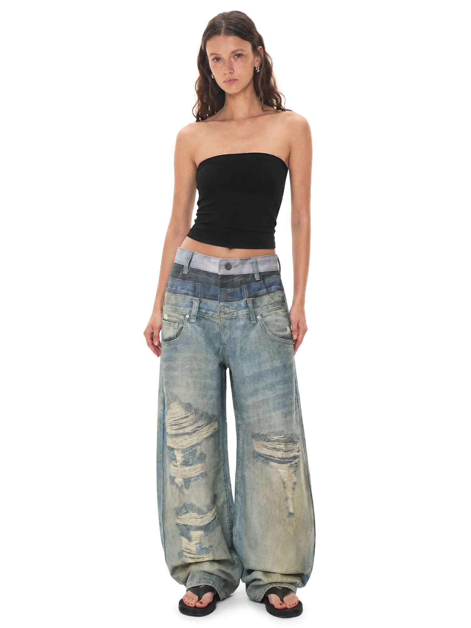 fdr Unisex Retro Denim Jeans, Baggy Wide-Leg Streetwear Style with a Layered Waistband, Gradient Wash, Distressed Rips & Drawing Print, Low Rise Baggy Jeans, Baggy Fit Jeans, Jeans For Women, 90S Loose Fit Jeans