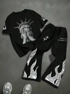 Men's Statue Graphic Print Two-Piece Set Top, Sparkle Street Style, Rhinestone Texture Print, Luxurious Cool Trendy Look, Urban Night, Streetwear, Outfit, Fabric