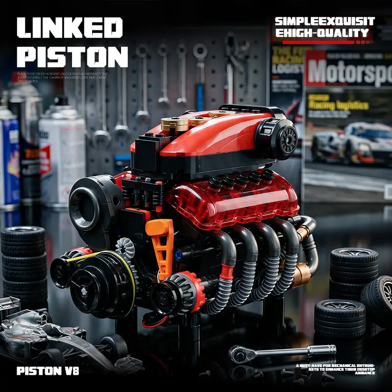 EIKEE Y15013 Unisex Piston V8 Mini Engine DIY Model Kit, 496+ Plastic Blocks & Parts Construction Set, Collectible for Engineering Enthusiasts with Building Block Assembly