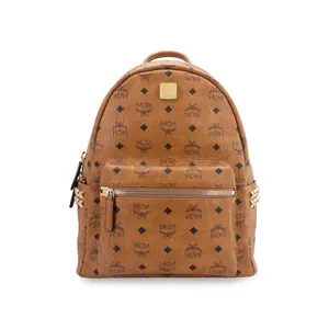 MCM Stark Visetos Studded Monogram PVC Leather Backpack for Men and Women in Brown Cognac