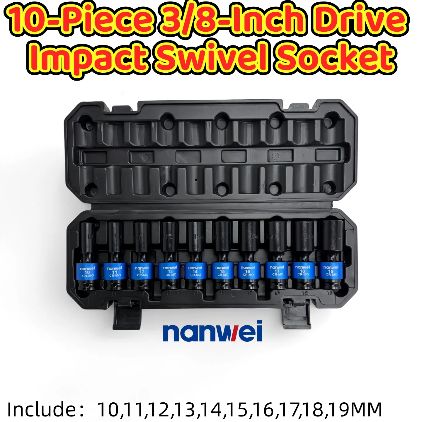 NANWEI 10Pcs 3/8" Drive CR-MO Steel Universal Swivel Impact Socket Set, Metric 10-19mm Color-Coded Flexible Joint Sleeves with Hard Storage Case for Auto/Motorcycle Mechanic Repair