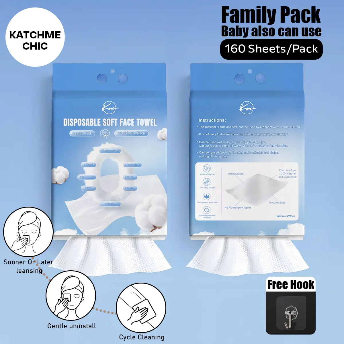 KatchMe Cotton Disposable Soft Wet & Dry Dual Use Face Towel, Hanging Facial Towels for Cleansing, Skincare and Makeup Remover, 160 Sheets(NEW)