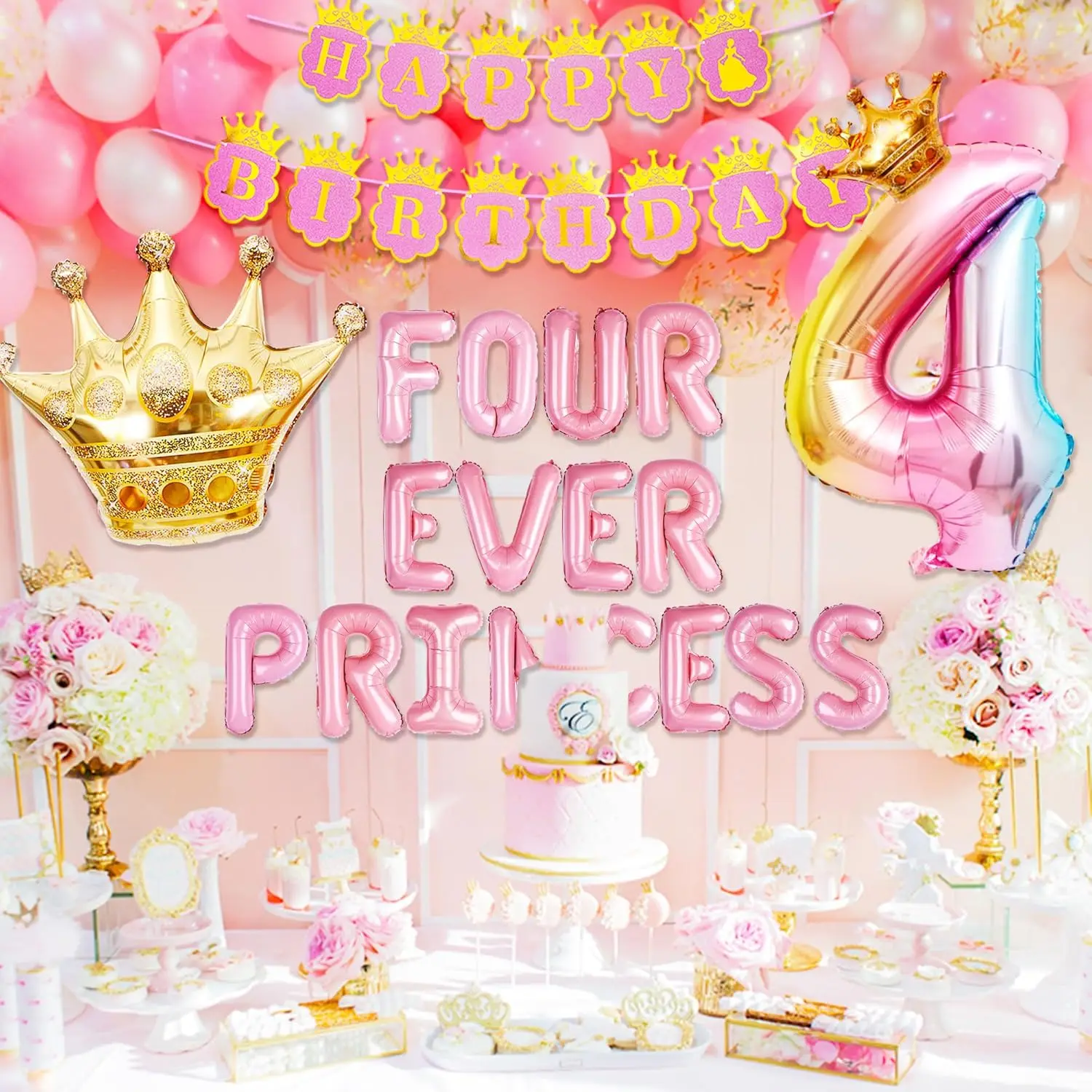 Four Ever a Princess Birthday Decorations Pink Gold Princess Castles Balloon Garland Crown Number 4 Foil Balloons Banner for 4 Years Old Birthday Party Decor Supplies