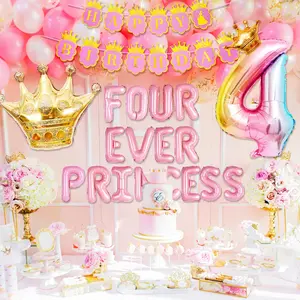 LaVenty Four Ever a Princess Birthday Decorations Pink Gold Princess Castles Balloon Garland Crown Number 4 Foil Balloons Banner for 4 Years Old Birthday Party Decor Supplies