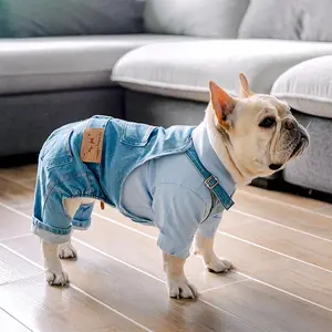 Humorous Appearance, Unique French Bulldog Denim Overalls - Blue and White Patchwork, Adjustable Straps, Comfortable Pet Jumpsuit, Suitable for All Seasons, Dog Winter Clothing | Cute Animal Costume | Polyester fiber pet clothes, dog clothes