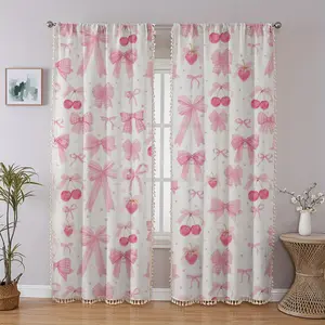 1/2-piece set of bow-patterned fringe curtains with fringe trim; cute-style blackout curtains; easy to install without drilling; machine-washable and low-maintenance; suitable for home use, bedrooms, home offices, living rooms, balconies, patios