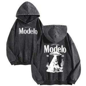 Holafish Acid Wash Cotton Hoodie with Kangaroo Pocket Vintage Modelo Pattern Cozy Everyday Comfort Pullover for Fall Winter Streetwear Unisex Soft Thin Sweatshirt