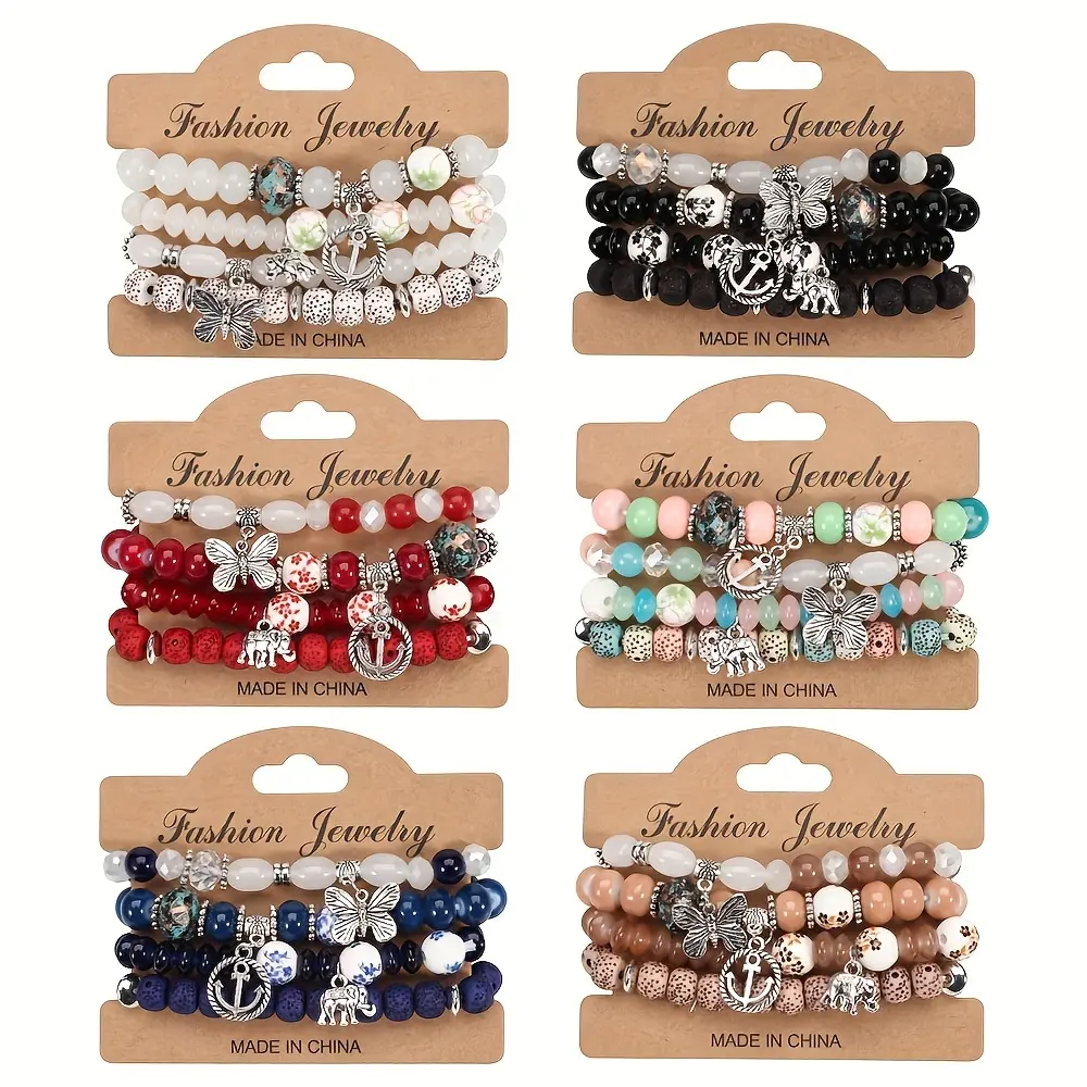 Women's Bohemian Charm Bracelets - 24Pcs/6 Assorted Set with Elephant & Artificial Butterfly Elements, Stretch Stackable Beaded Bracelets & Bangles for Summer Beach Costume Jewelry
