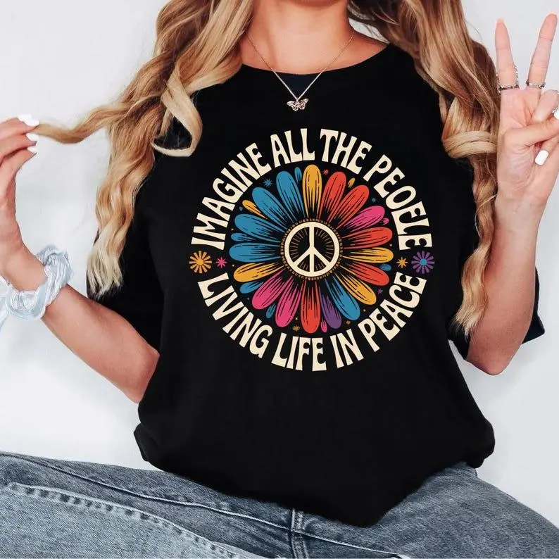Imagine Peace T-Shirt |     "Imagine All the People Living Life in Peace" |     Floral Daisy Peace Sign Tee |     Hippie Boho Graphic Shirt