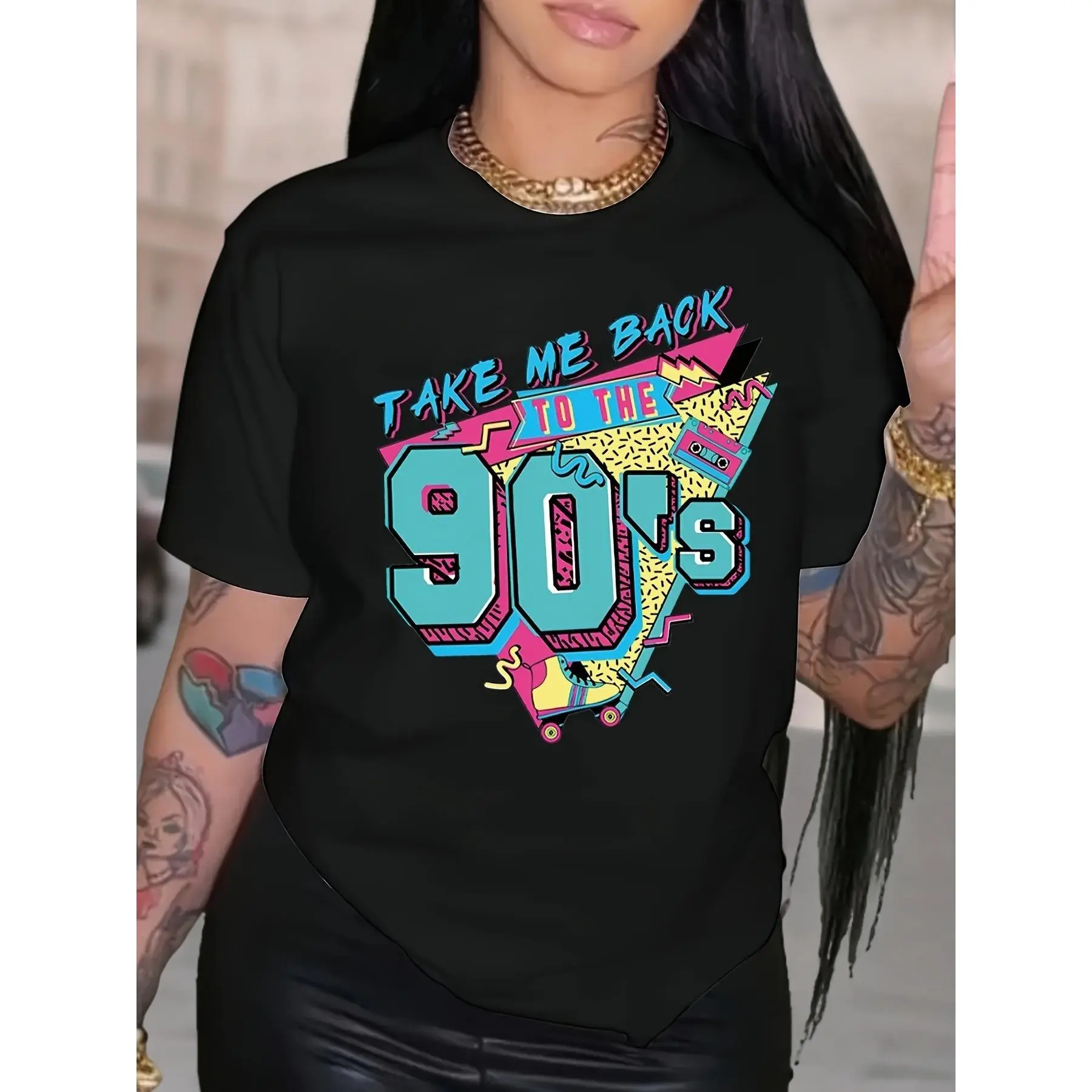 Women's Plus Size Retro Graphic T-Shirt, Casual 90s "Take Me Back" Slogan, 100% Cotton Knit Short Sleeve Crew Neck Top, Shortsleeve, Tshirt, Fabric, Fit, Vintage 90S Clothes, 90S Graphic Tees