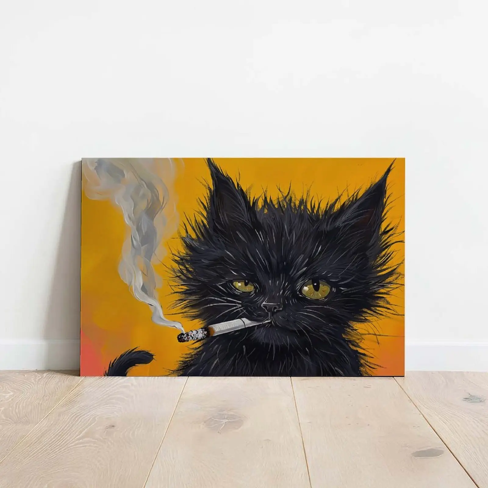 Funny Smoking Black Cat Canvas   | Frazzled Feline Humor Poster | Unframed Relatable Dorm Room Decor | Vibrant Funny Pet   wall Art