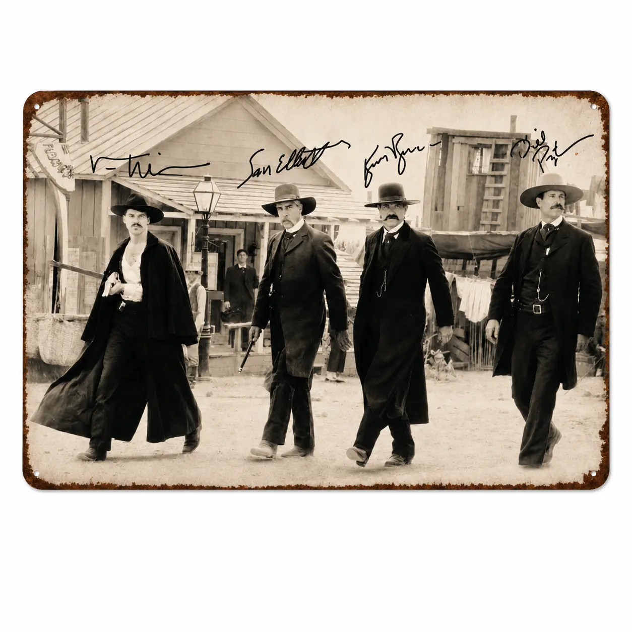 Vintage Sepia Tombstone Cowboy Crew Printed Replica Signature Aluminum Tin Sign, Distressed Rustic Western Wall Plaque For Man Cave Garage Decor