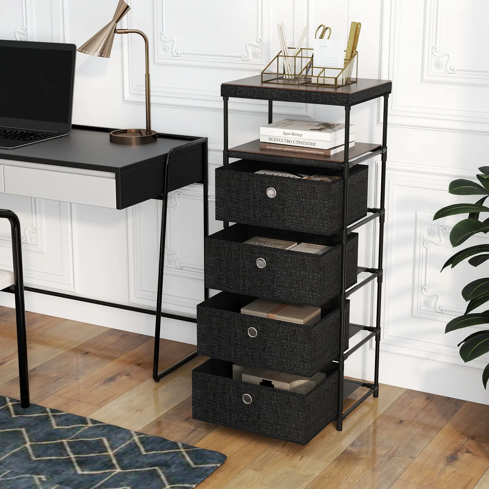 COSTWAY - Dresser with 3/4 Drawers Fabric Storage Tower with Wood Top and Metal Frame-L
