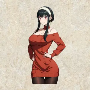 Yor Forger Cozy Dress Waifu Sticker, Elegant Anime Spy in Red Sweater Outfit, Perfect for Phone and Laptop Decor