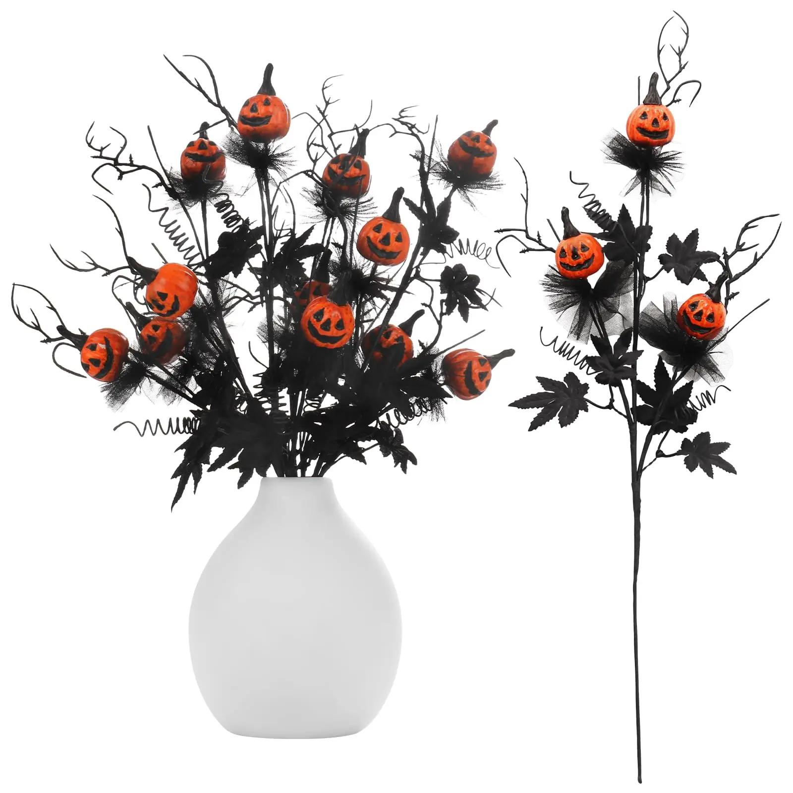 4PCS Plastic Synthetic Decorative Spooky Look Halloween Floral Set - Artificial Pumpkin, Maple Leaf & Flower Stems, 19.5in Home Decor Branches for Indoor Vase Arrangement, Black-Orange Party Ornaments