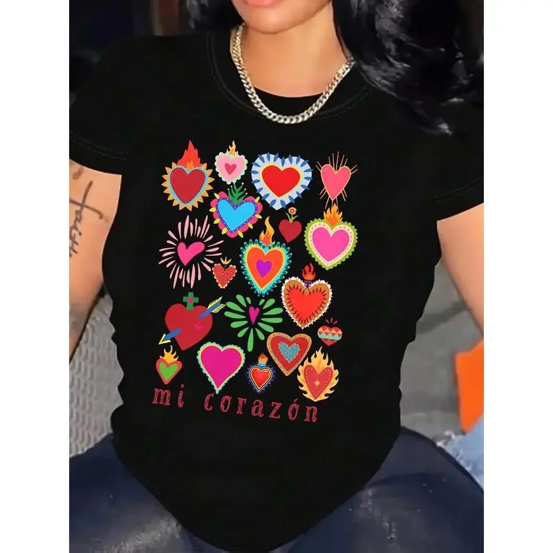 Ladies' Casual Short Sleeved Round Neck T-Shirt, Vividly Printed With Our Ladies' Guadalupe And Spanish Sacred Heart Patterns, Lightweight, Black, With Colorful Heart And Flame Design, Perfect For Spring And Summer, Ladies' T-Shirt