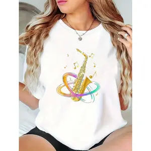 Women's White T - Shirt with Gold Saxophone & Colorful Musical Notes Swirls Design - Perfect for Music Festivals, Jazz Lovers, Casual Daily Wear 100% Cotton T-shirt