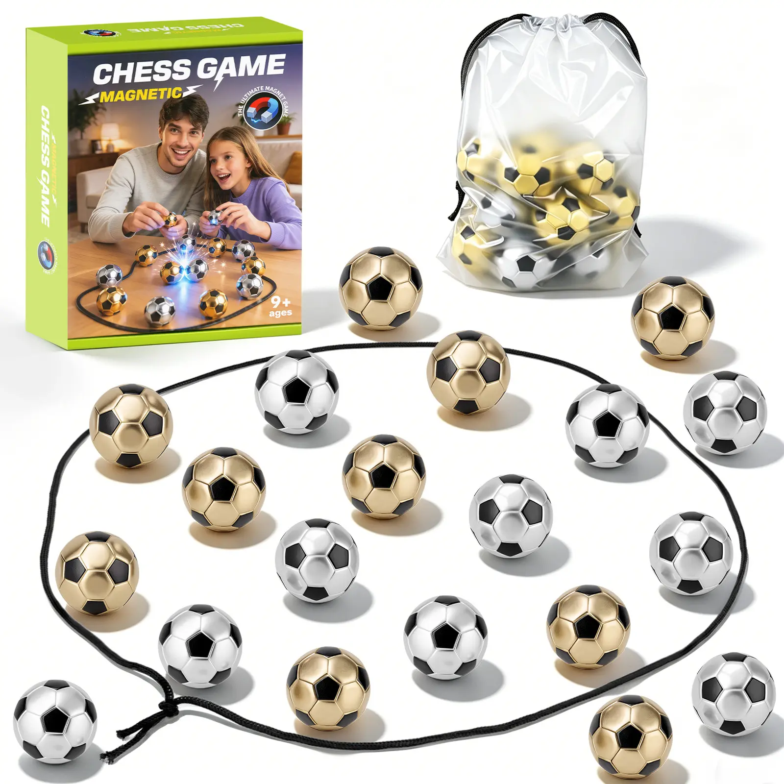 Soccer Magnetic Game with String & 20 Football-Shaped Stones – Fun Puzzle Strategy Games for Family Game Night, Party, Travel & Camping – 2 Player Games for Kids & Adults, Great Gift