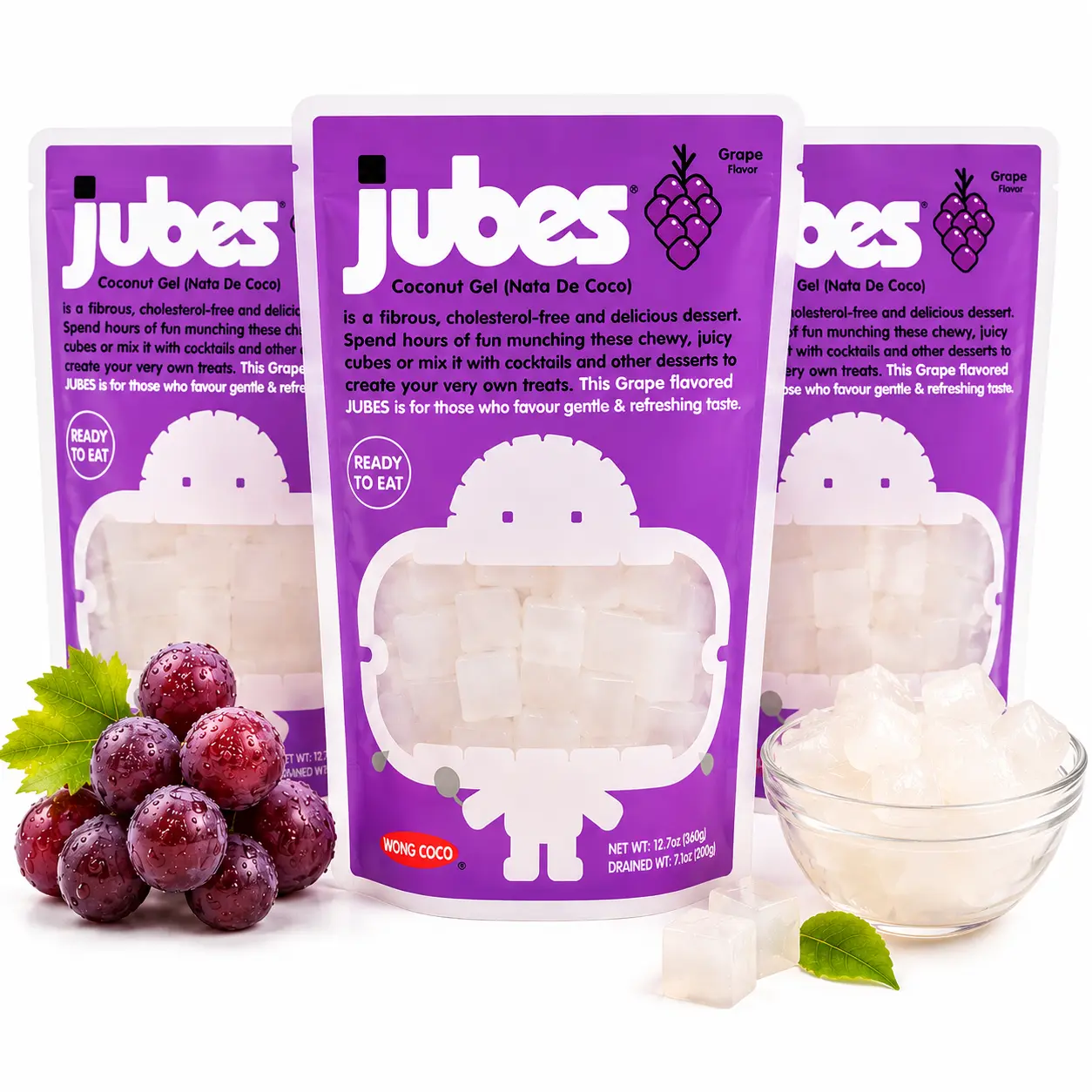 Jubes Grape Nata De Coco Jelly Cubes (12.7 oz, Pack of 3) - Grape Coconut Jelly Cubes for Sago - Coconut Gel in Syrup Toppings