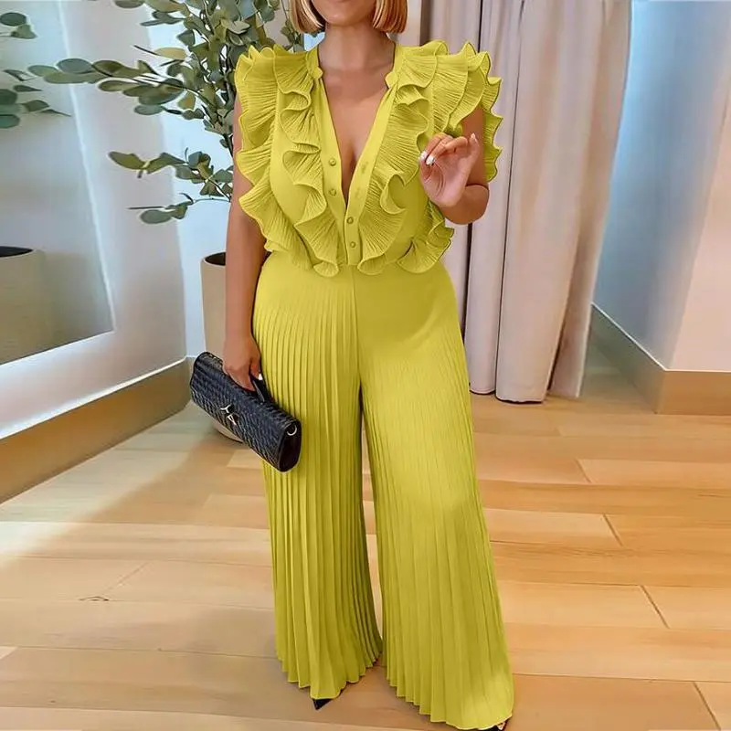 CHICME Women's Elegant Jumpsuit, Sleeveless Ruffled V-Neck with Pleated Wide-Leg Pants and Pockets for Party or Work, Zipper