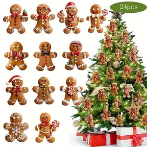 24 Piece Christmas Gingerbread Man Wooden Decorations, Tree Ornaments, Holiday Hanging Decor, Festive Xmas Accessories, Wooden Decorative Ornaments