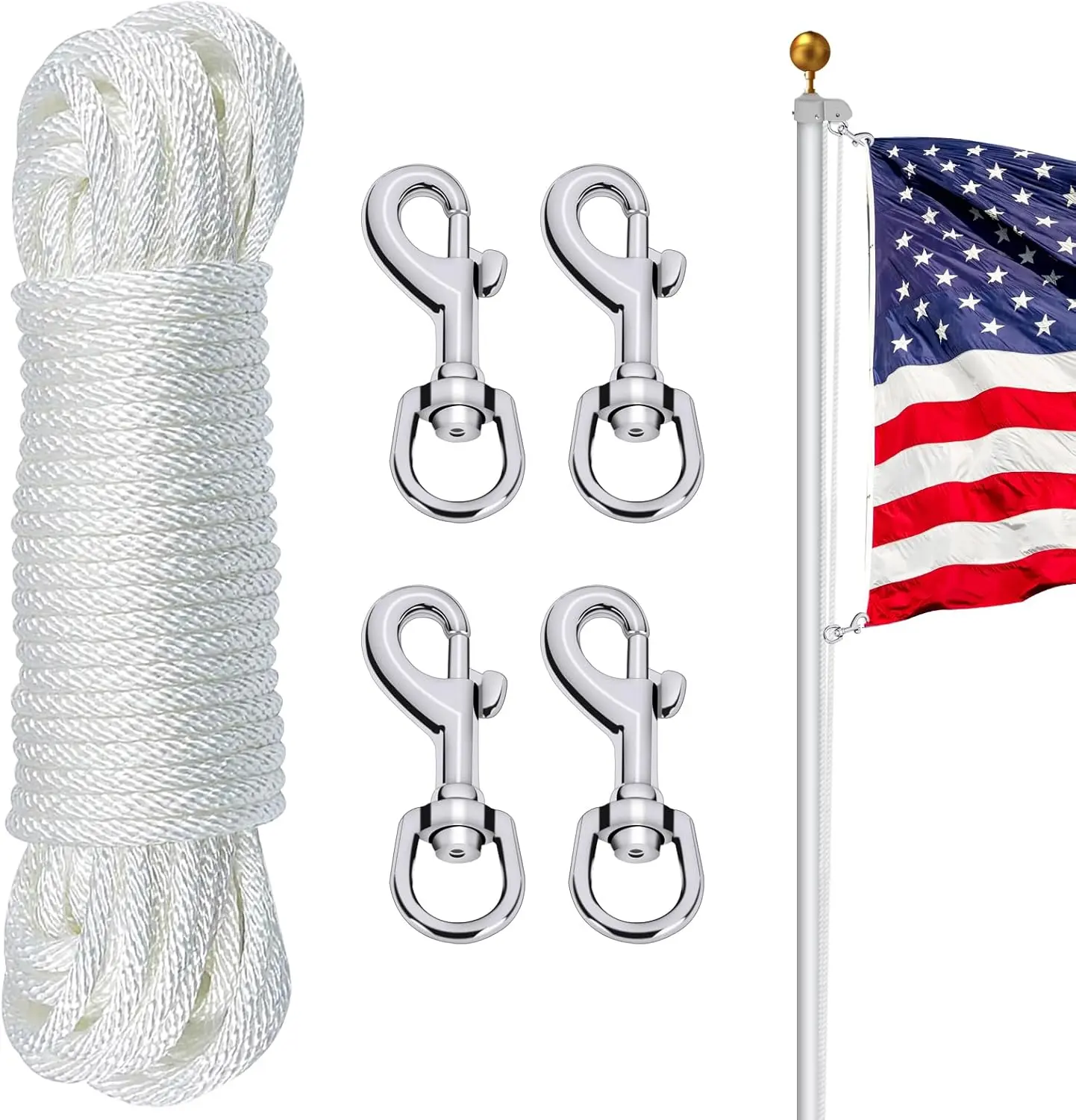 Flag Pole Rope Kit-50FT x 1/4" Diameter Nylon Flag Pole Halyard Rope with 4 Pcs Swivel Snap Clips Hooks Fits Flagpole Up to 25FT, Outdoor Flagpole Camping Pet Tent Hardware Accessories (White)