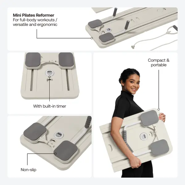 BetterMe Ivory Foldable Home Pilates Reformer - Lightweight, Compact, Portable with Dual Bands, Multifunctional Equipment for Core Training & Pilates Trainer Use